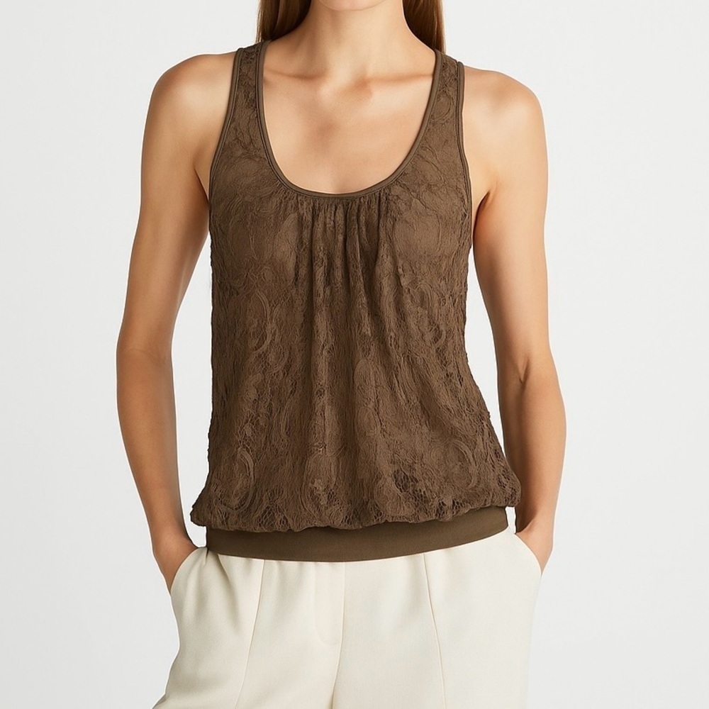 Express Camisole Lace Racer Back Tank Lined Blouson Hem Y2K Summer Chic Taupe S